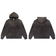 Vale Forever Washed Black Embroidered Cross Full Zip Hoodie