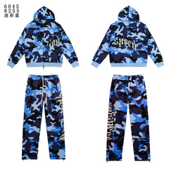 Godspeed Blue Camo Embroidered Zip Hoodie Tracksuit Set