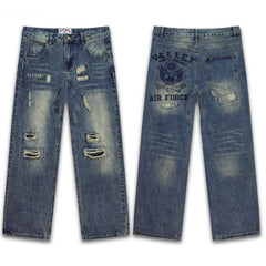Vale Forever Dark Blue Distressed Air Force Graphic Wide Leg Jeans